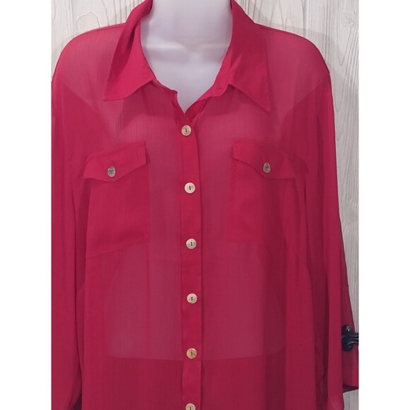 Linea By Louis Dell'Olio Red Sheer Button Front Blouse Size 1X - Picture 3 of 15